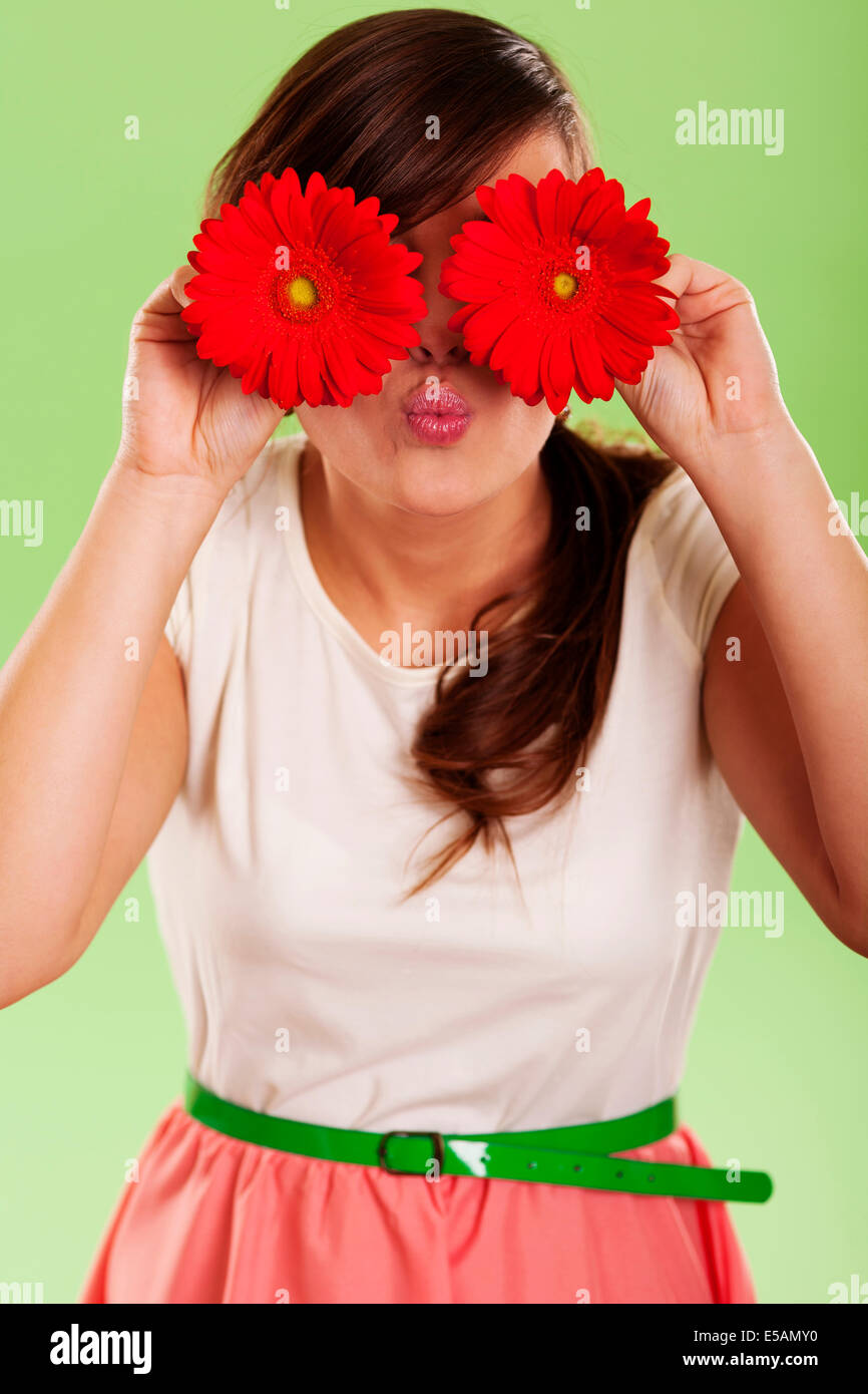 Woman have fun with spring flower Debica, Poland Stock Photo