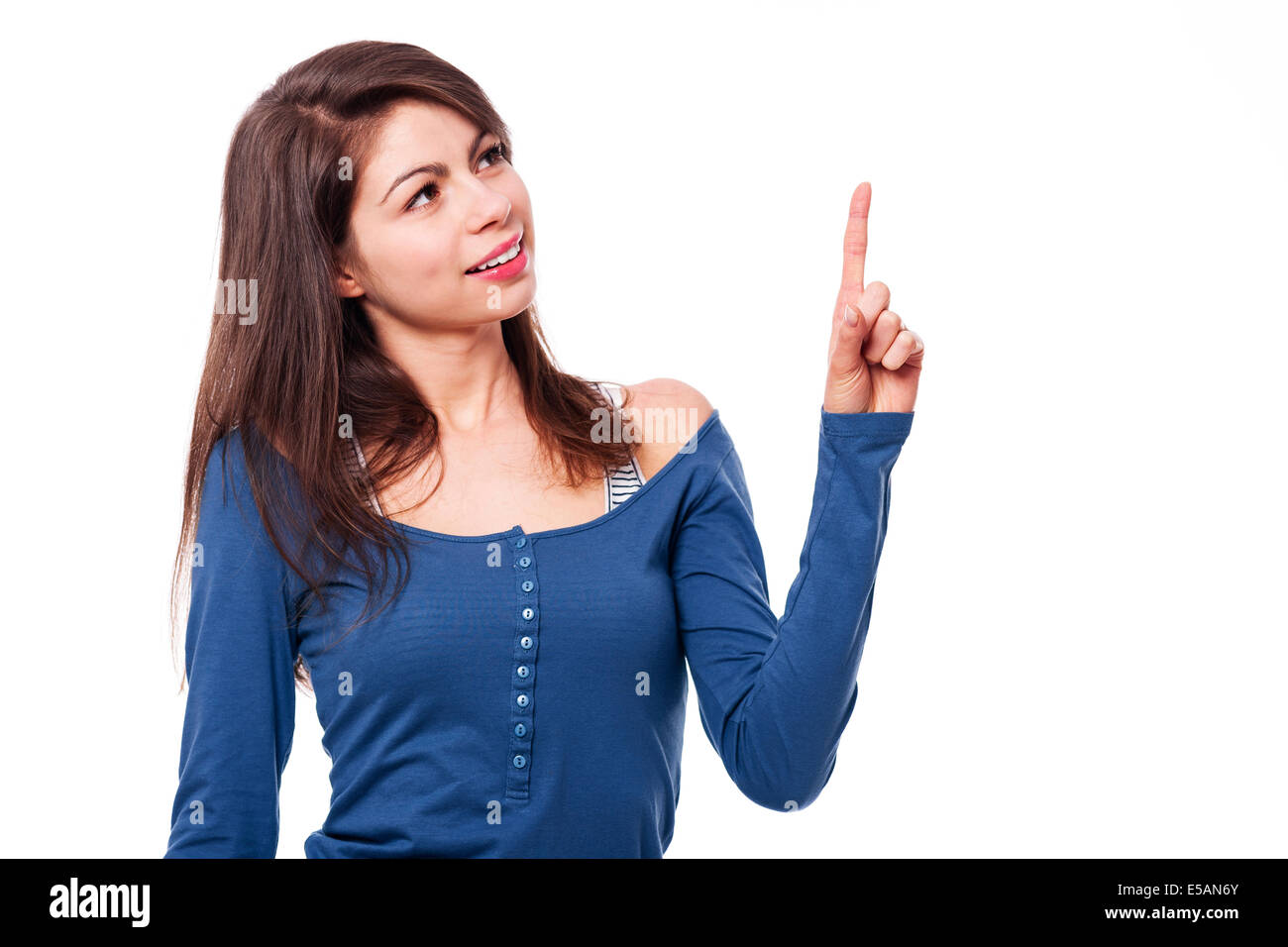 Smiling young woman gesturing the index finger Debica, Poland Stock Photo