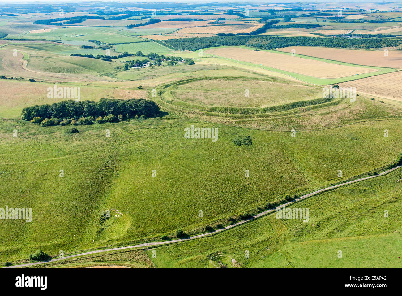 Aerial view Barbury Castle or Camp, near Swindon, on the Wiltshire downs, and the Ridgeway ancient road lower right, UK. JMH6164 Stock Photo