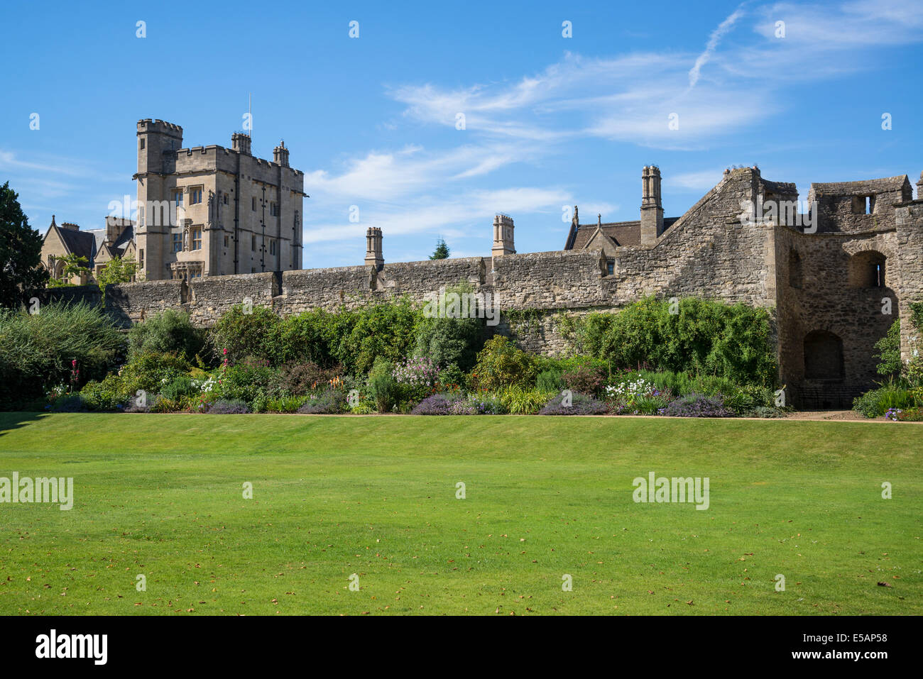 Gardens with City Wall and herbaceous border, New College, Oxford, England, UK Stock Photo