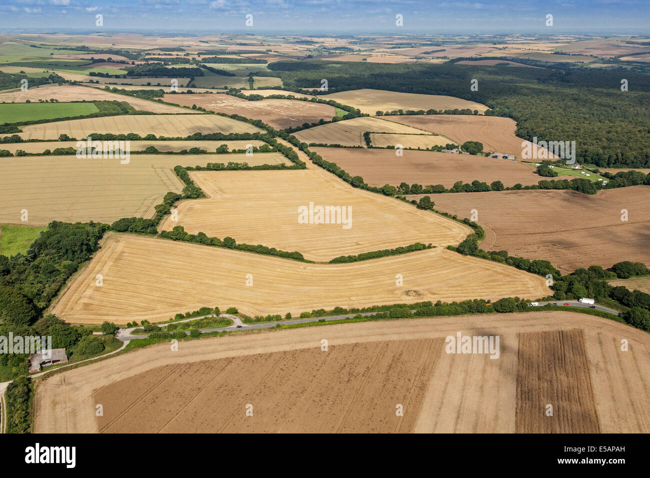 Aerial view of summer fields of crops in the rolling downs of the Vale of Pewsey, Wiltshire, UK. JMH6207 Stock Photo