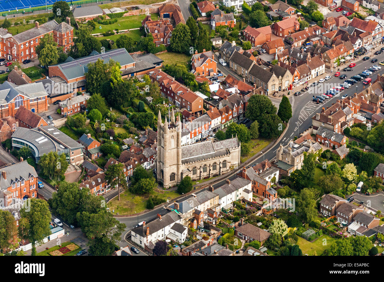 Aerial view of Marlborough, Wiltshire, UK with the former Parish Church of St Peter centre. JMH6214 Stock Photo