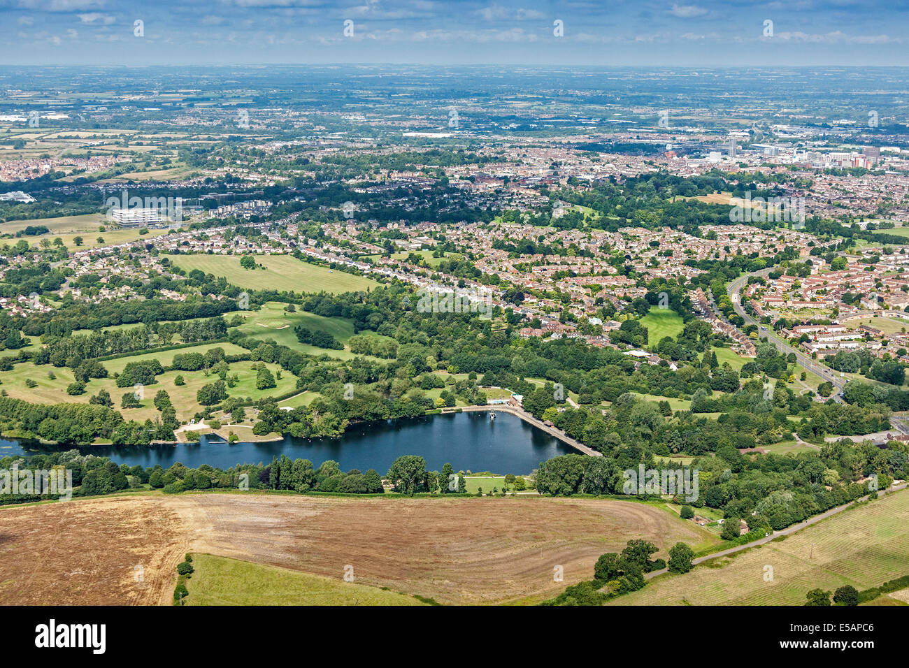 Aerial view of Coate Water Country Park looking towards Swindon Wiltshire, UK. JMH6223 Stock Photo