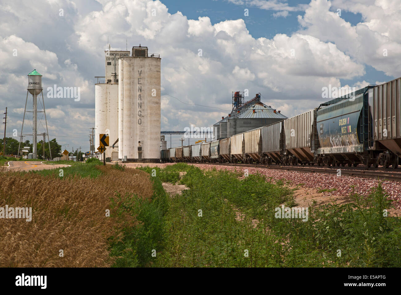 Venango, Nebraska - Grain elevators and a railroad in the wheat growing area of western Nebraska. Stock Photo