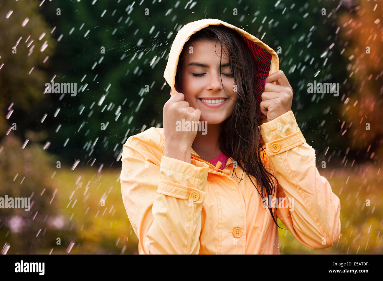 Natural female beauty in autumn rain Debica, Poland Stock Photo
