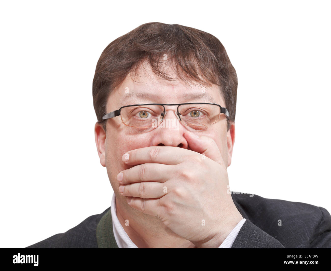 front view of businessman's hand closing mouth - hand gesture isolated on white background Stock Photo