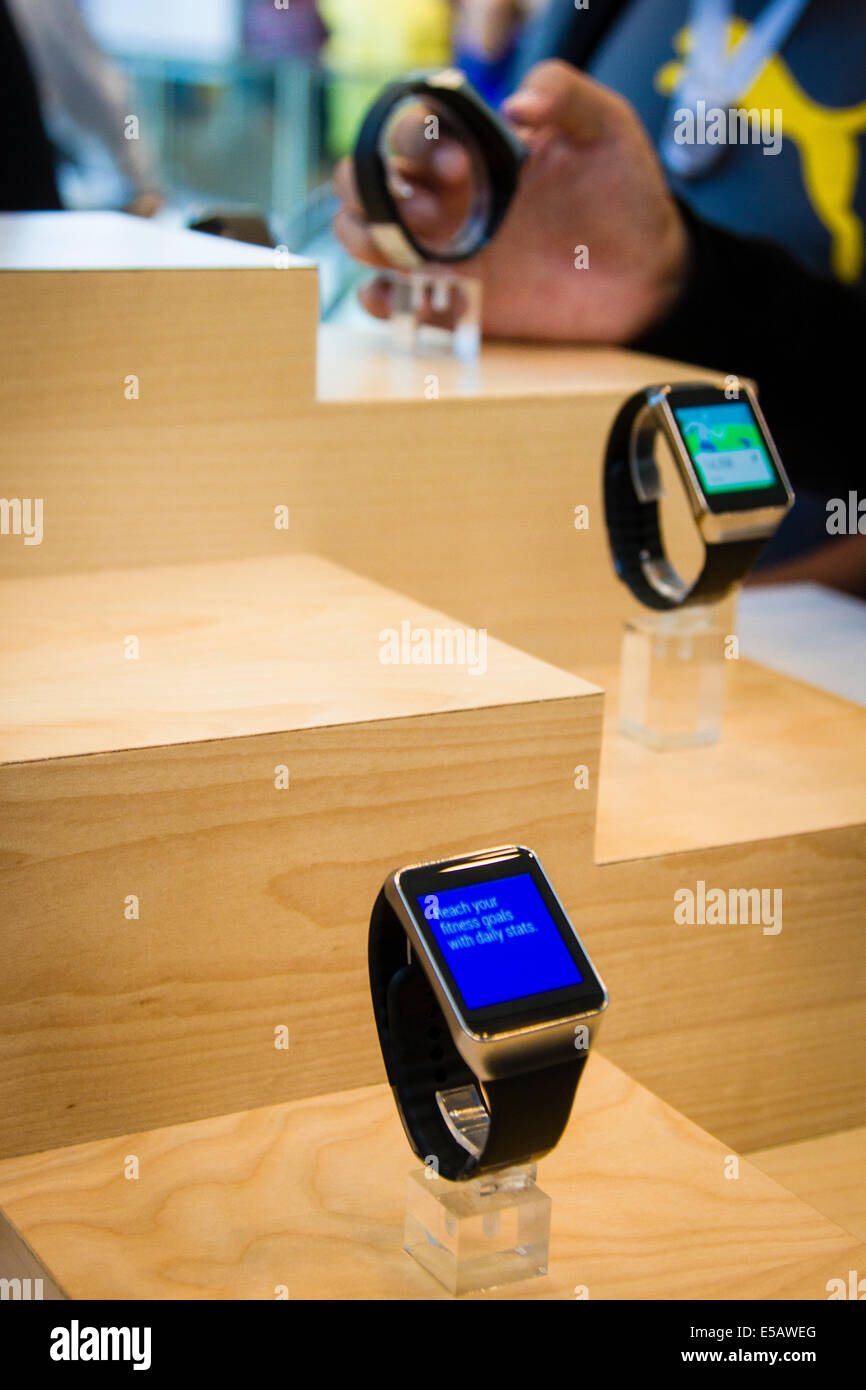 Display of Samsung Gear Live smartwatch wearable technology shown at Google I/O conference in San Francisco 2014 Stock Photo