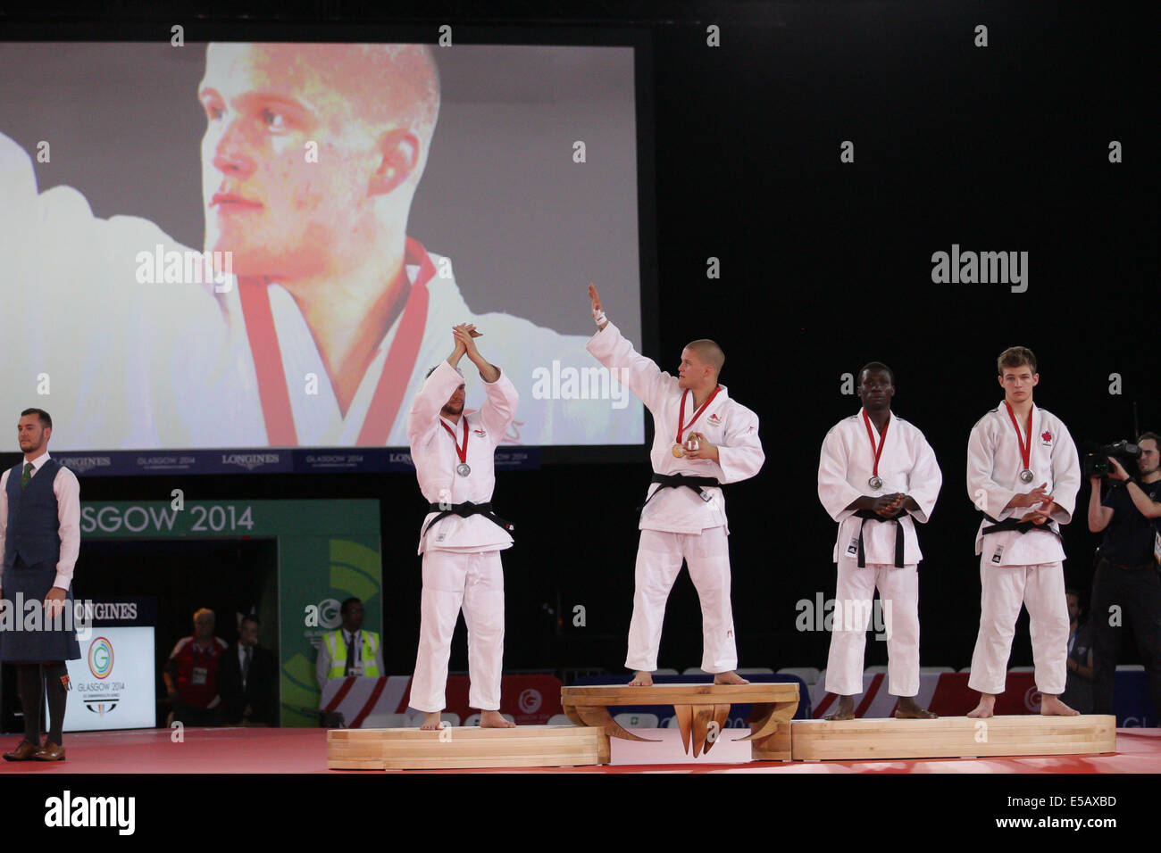 Glasgow, Scotland. 25th July, 2014. Glasgow Commonwealth Games. Mens 81kg Judo medalists on the podium. Credit:  Action Plus Sports/Alamy Live News Stock Photo