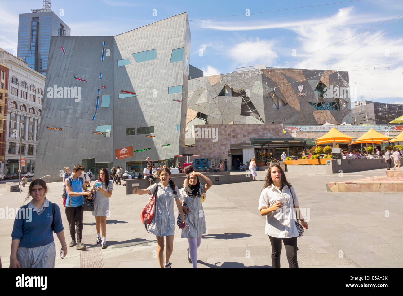 Melbourne Australia,Federation Square,student students teen teens teenager teenagers girl girls,youngster,female kids children Muslim,class field trip Stock Photo