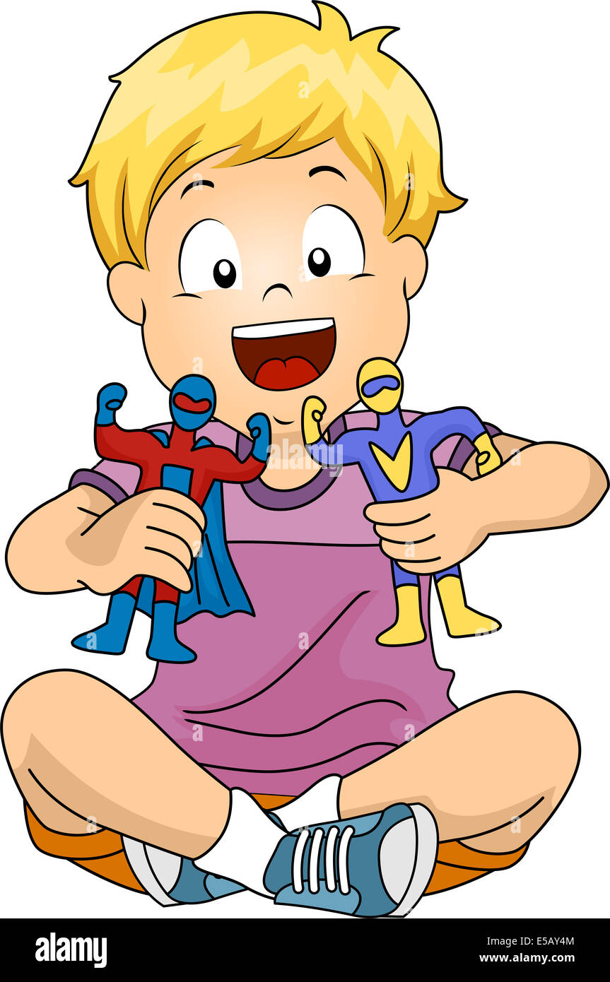 Illustration of a Boy Simulating a Fight Between His Toys Stock Photo