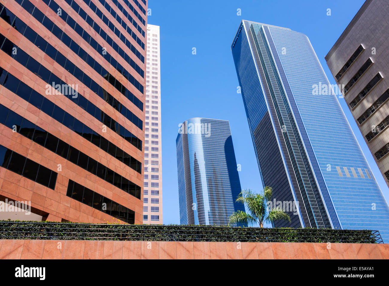 Los Angeles California,Downtown,Bunker Hill,city skyline,skyscrapers,Wells Fargo Center,Two California Plaza,Arthur Erickson,architecture modern,offic Stock Photo