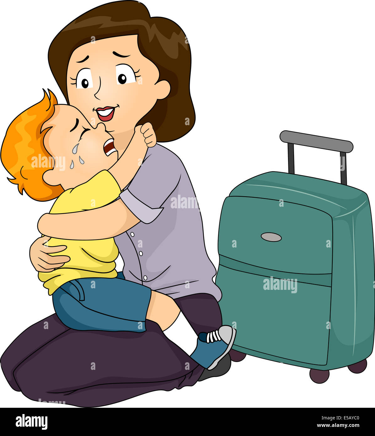 Illustration of a Boy Clinging to His Mother Who is About to Leave Stock Photo