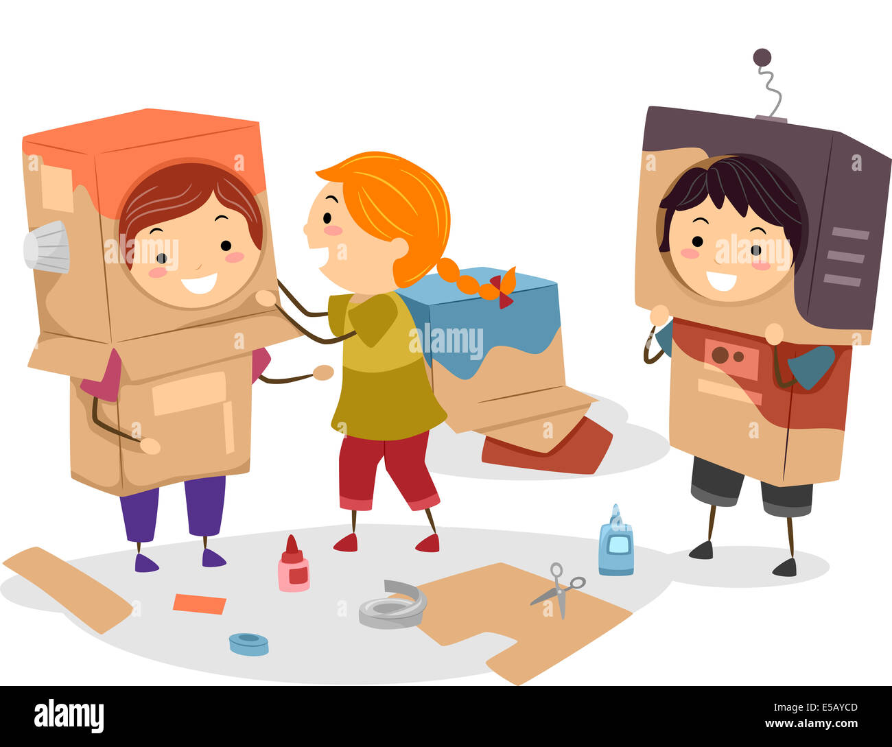 Illustration of Kids Making Makeshift Robots Using Cartons Stock Photo