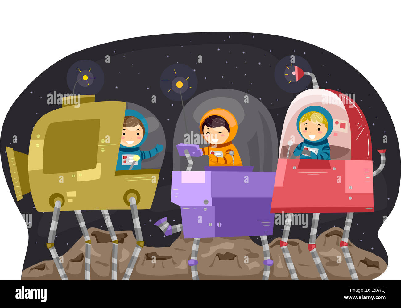Illustration of Kids Manipulating Space Robots Stock Photo