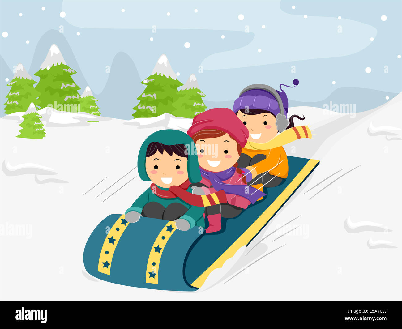 Illustration of Kids Riding on a Snow Sled Stock Photo