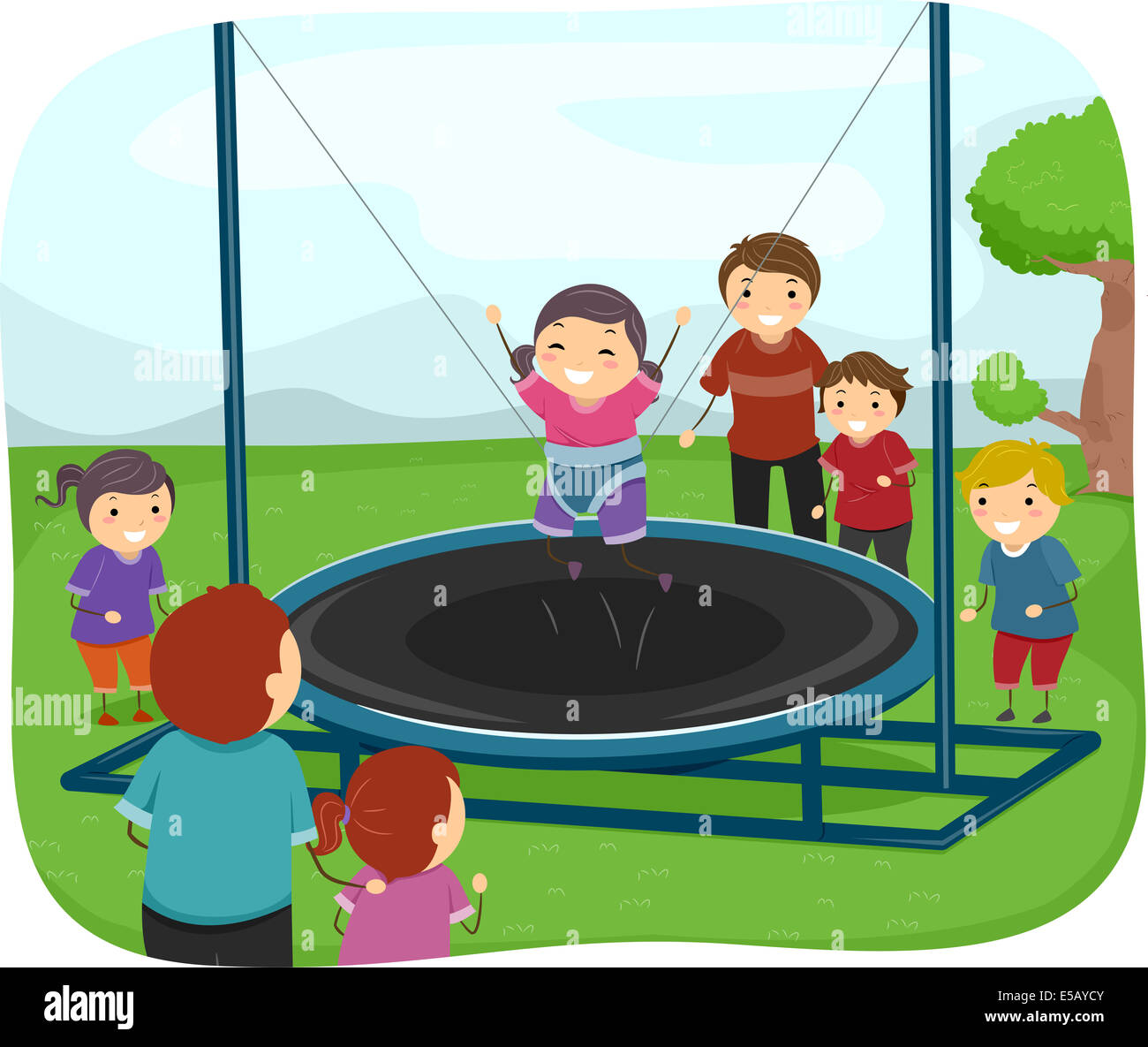 Illustration of Kids Playing with a Trampoline Stock Photo - Alamy