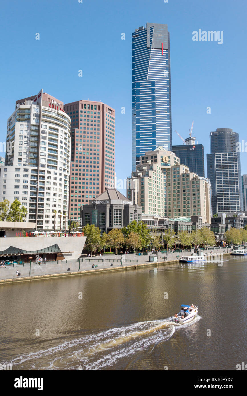 Melbourne Australia,Southbank,Yarra River,Eureka Tower,tallest building,city skyline,skyscrapers,boat,AU140320077 Stock Photo