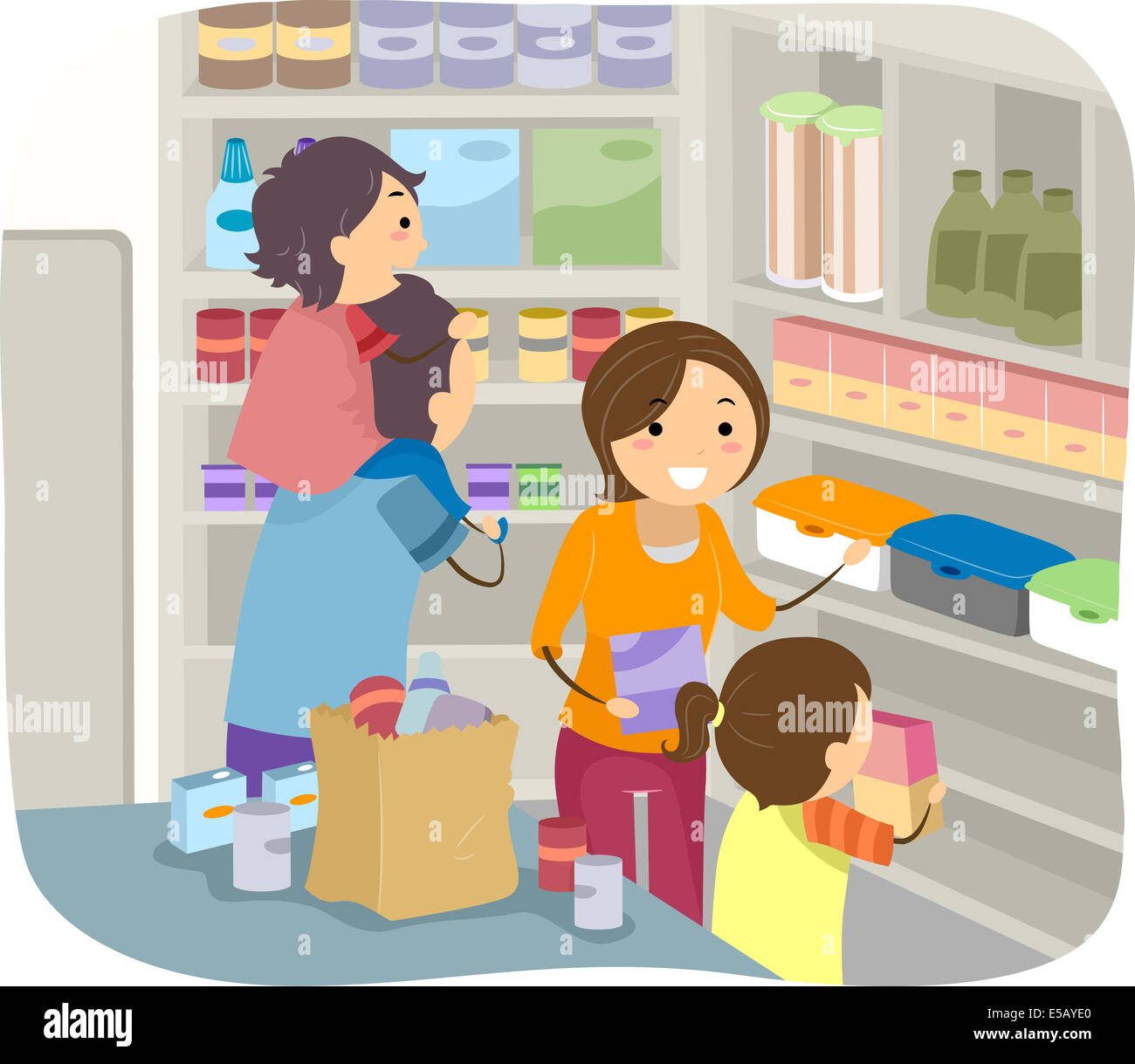 Illustration of a Family Stocking Their Shelves with Goods Stock Photo