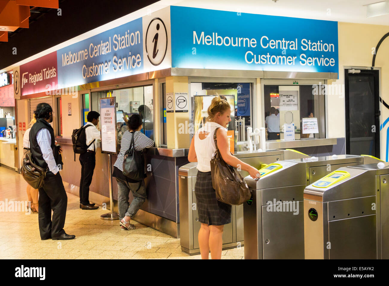 Melbourne Australia,Central Station,railway station,metro network,City Loop,train,riders,passenger passengers rider riders,commuters,customer service, Stock Photo