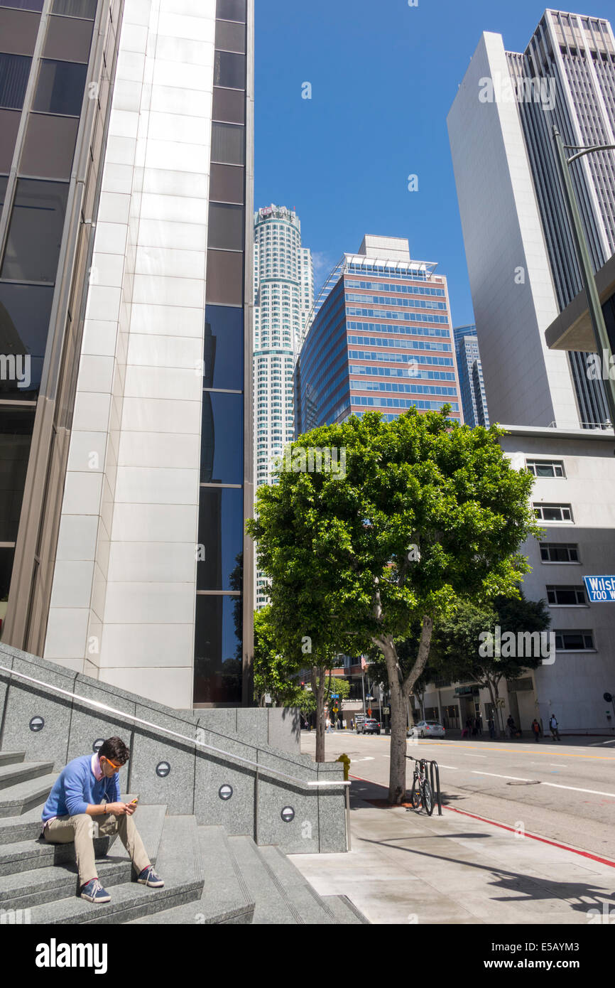 Los Angeles California,Downtown,district,city skyline,skyscrapers,urban,street scene,707 Wilshire Center,stairs,steps stairs staircase,man men male,yo Stock Photo