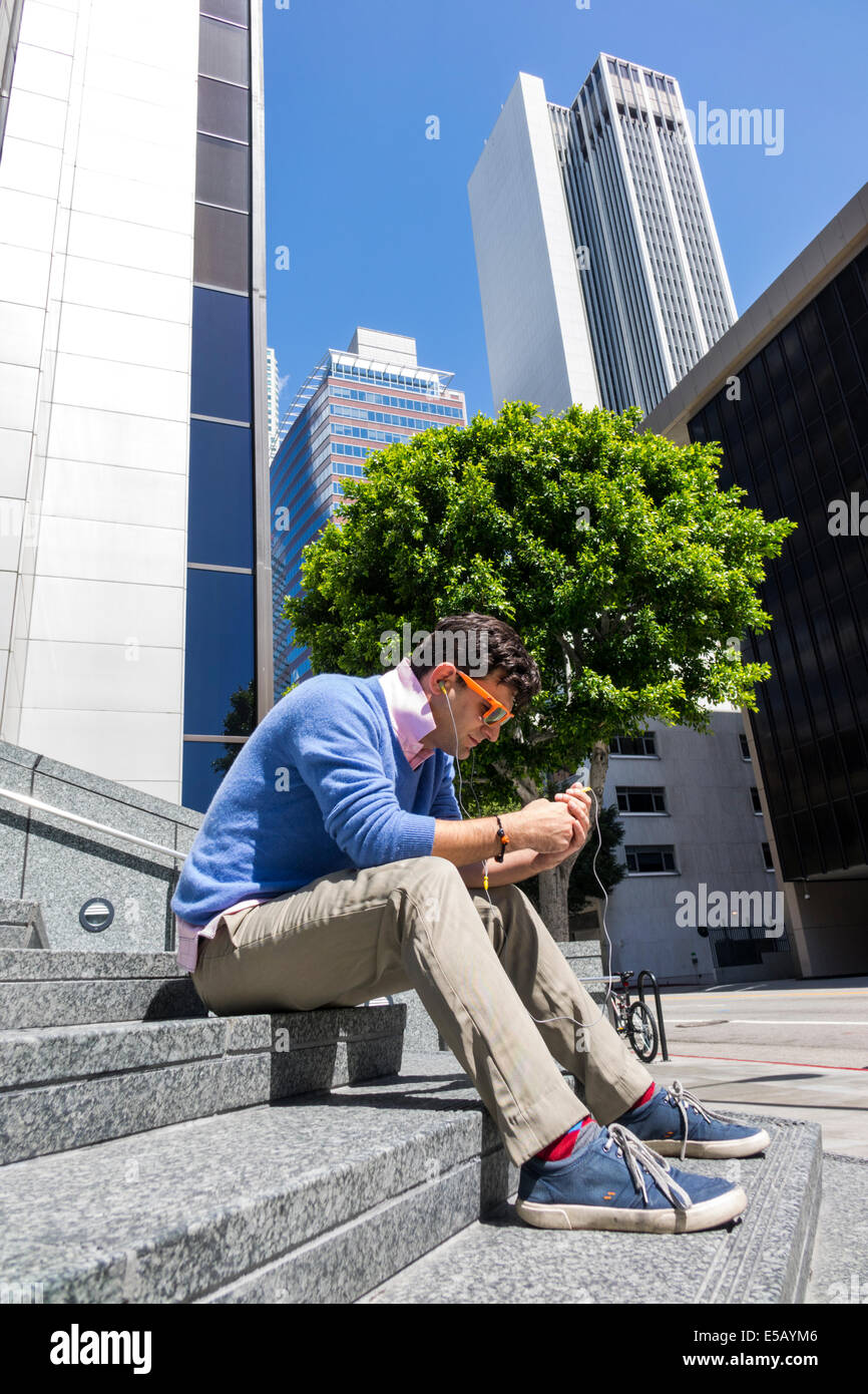 Los Angeles California,Downtown,district,city skyline,skyscrapers,urban,street scene,707 Wilshire Center,stairs,steps stairs staircase,man men male,yo Stock Photo