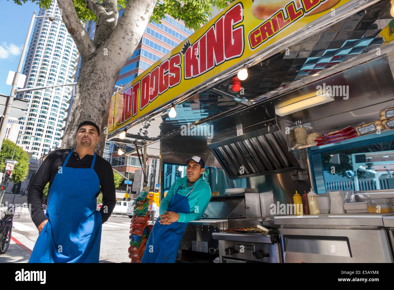 Los Angeles California,Downtown,district,street scene,Hope Street,hot dogs,vendor vendors stall stalls booth market marketplace,buyer buying selling,f Stock Photo