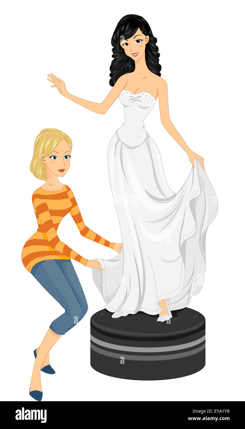 Illustration of a Bride to be Fitting Her Bridal Gown Stock Photo