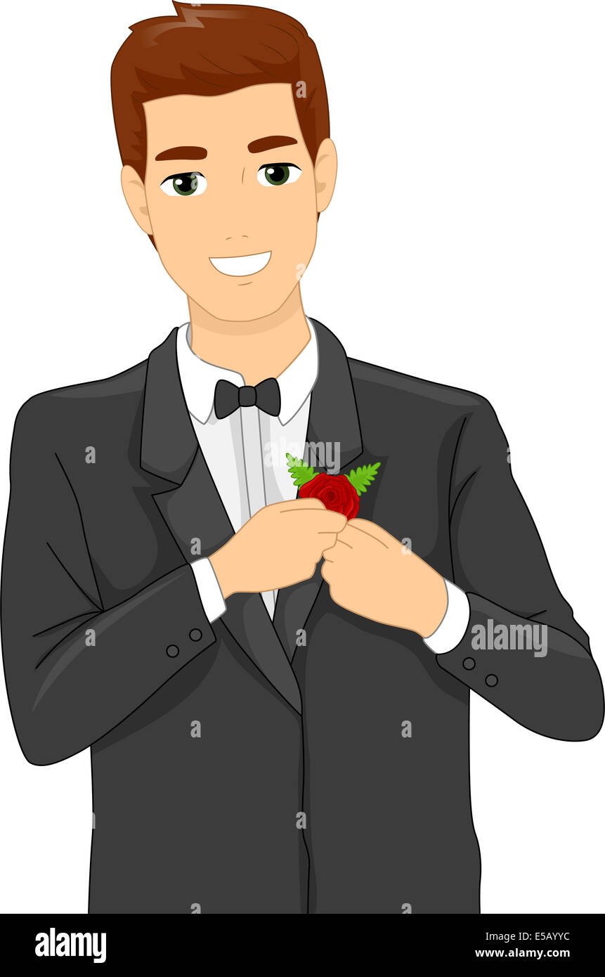 Illustration of a Groom Putting a Corsage on His Suit Stock Photo