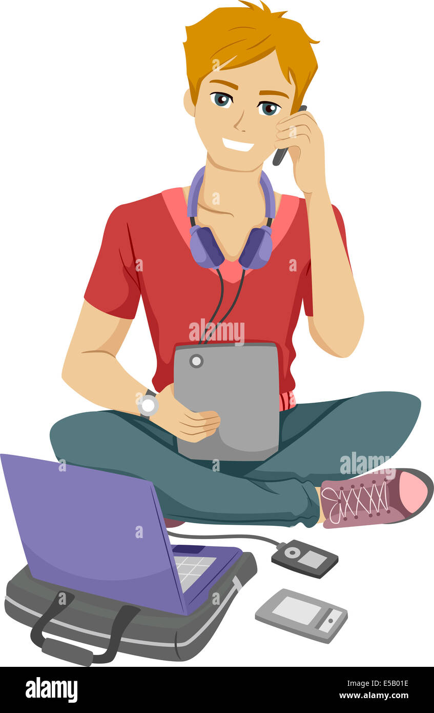 Illustration of a Male Teenager Surrounded by Different Electronic Gadgets Stock Photo