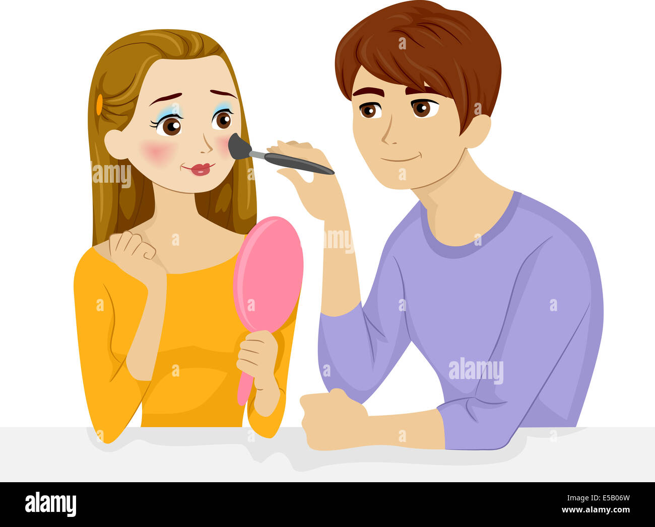 Illustration Featuring a Boyfriend Applying Make Up on His Girlfriend's Face Stock Photo