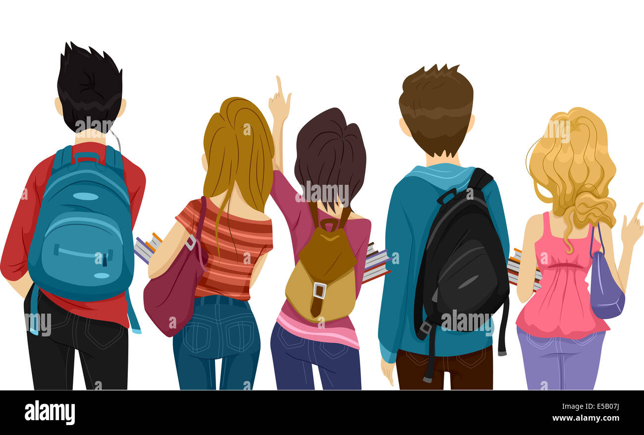 Back View Illustration of College Students on Their Way to School Stock Photo