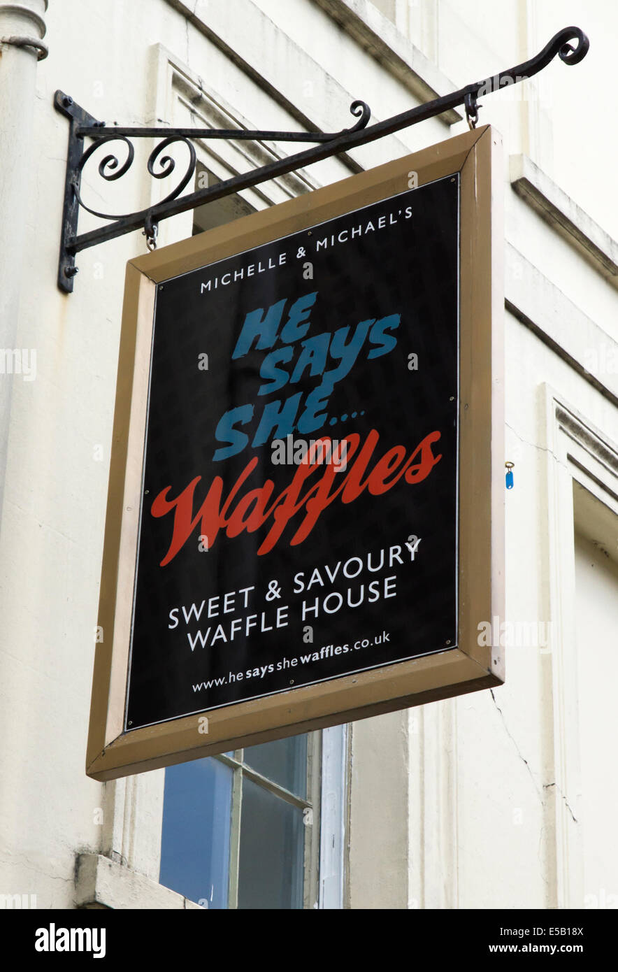 Cirencester, a country town in the Cotswolds Gloucestershire England UK  He Says she Waffles shop sign Stock Photo