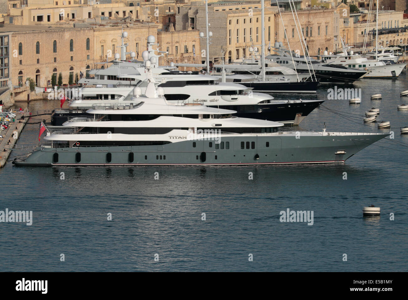 The 78-metre Abeking and Rasmussen luxury superyacht Titan in Malta's Grand Harbour Stock Photo