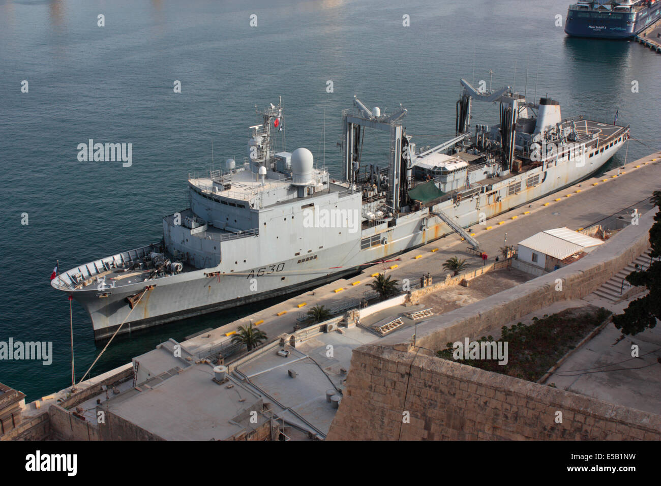 The French Navy oiler Marne at rest in Malta's Grand Harbour. Military logistics. Stock Photo