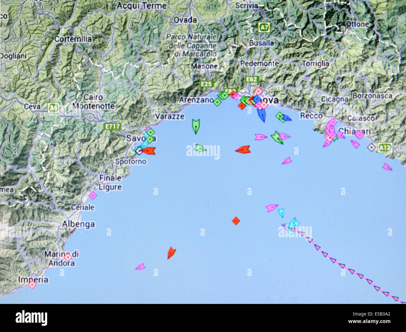 Costa Concordia wreck approach Genoa port after leaving Giglio island. (Wiev from internet live page). Stock Photo