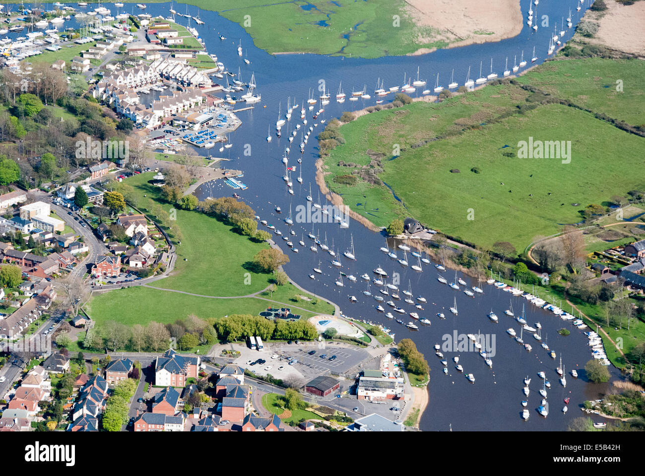 Aerial view moored boat in Christchurch Harbour Dorset UK Stock Photo
