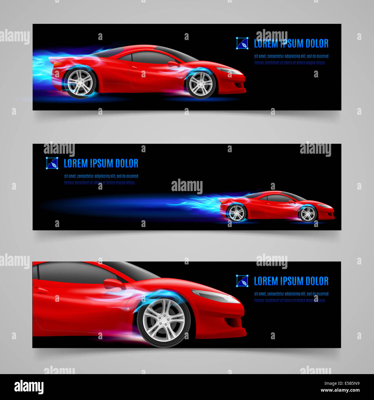 Set of banners with racing car in blue flame Stock Photo - Alamy