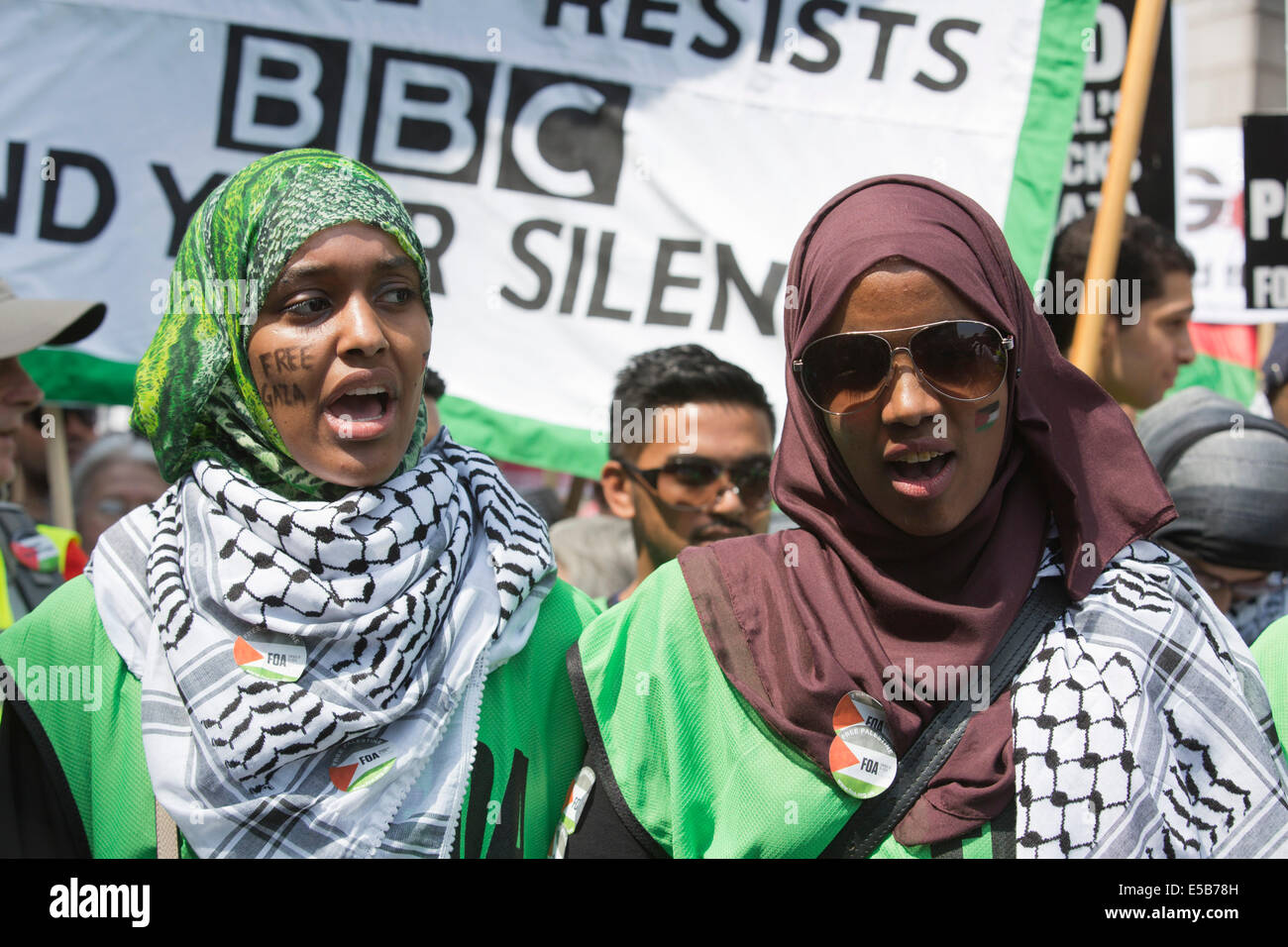 London, UK. 26 July 2014. Protesters gathered near the Israeli Embassy in Kensington High Street, London, ahead of a march to Parliament Square to call for an end to the Israeli military action against the Palestinians in the Gaza Strip. Credit:  Nick Savage/Alamy Live News Stock Photo