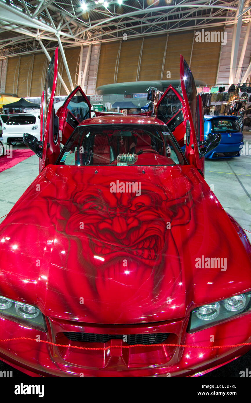 Hood painting on a custom car. Stock Photo