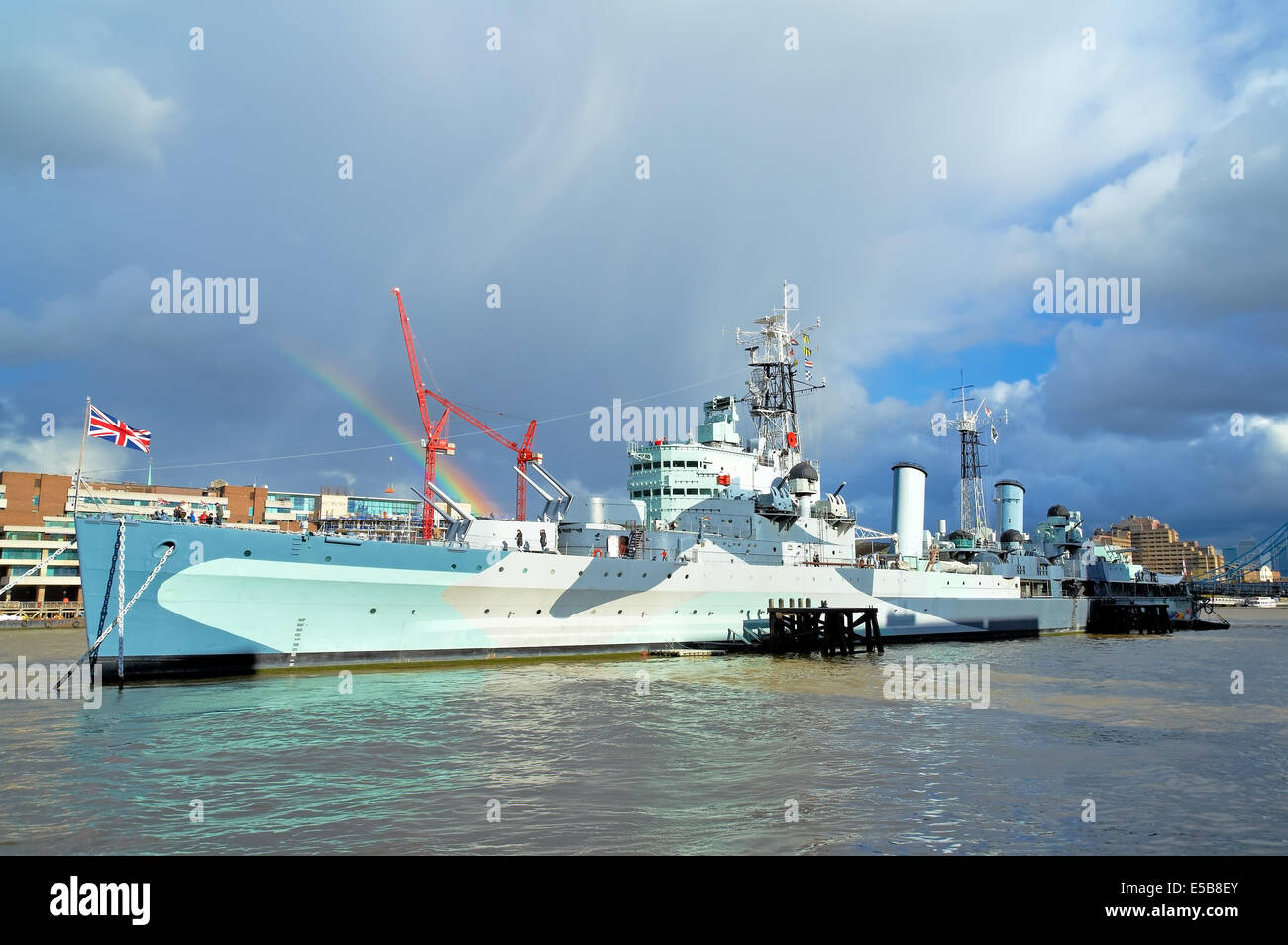 HMS Belfast during inclement weather conditions. Stock Photo