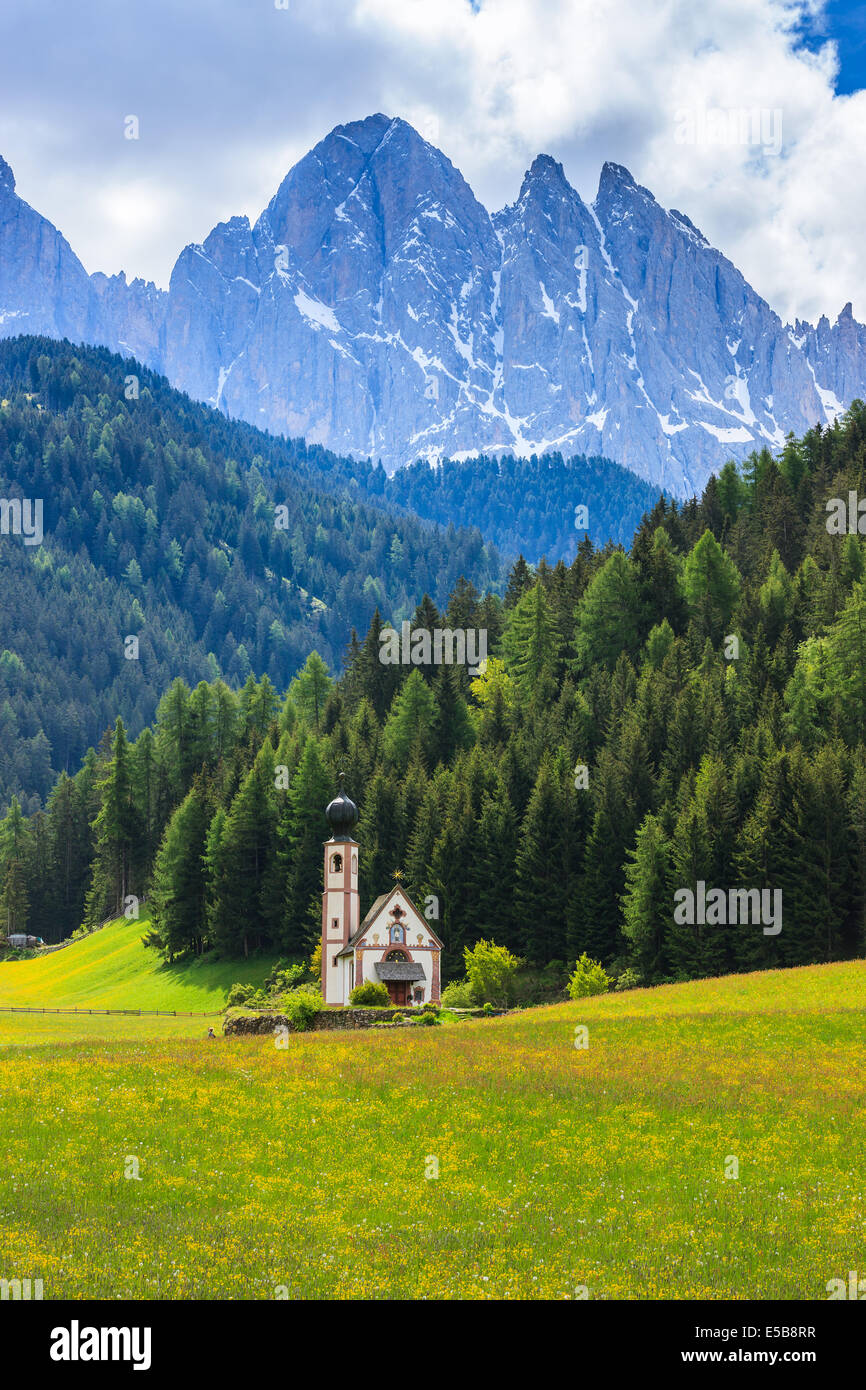 St. Johann (San Giovanni in Italian) chapel in Val di Funes in the Dolomites in northern Italy Stock Photo
