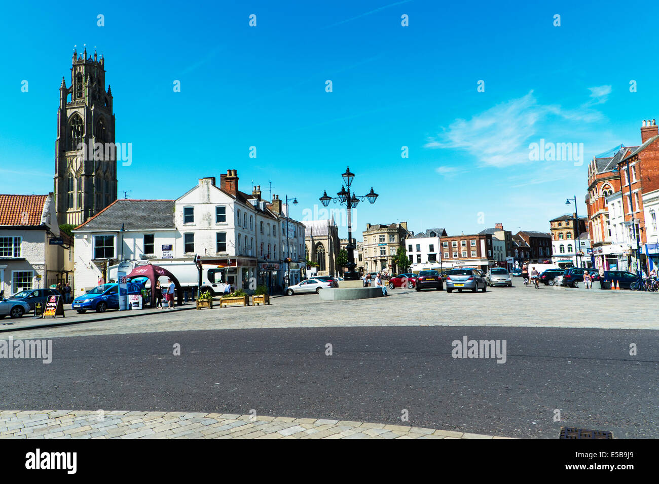 Boston Town centre Stump church market place Lincolnshire UK England shops shoppers outside summer Stock Photo