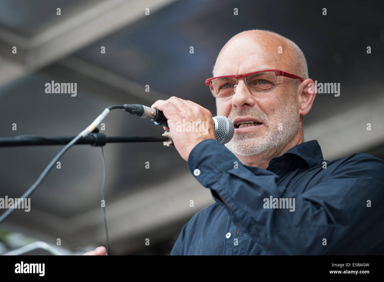 Parliament Square, London, UK. 26th July 2014. Several celebrity speakers address a huge crowd of protesters gathered in Parliament Square, central London, to show their solidarity against Israeli attacks on Gaza. Pictured: BRIAN ENO – musician Credit:  Lee Thomas/Alamy Live News Stock Photo