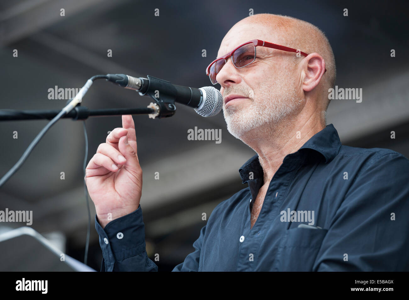 Parliament Square, London, UK. 26th July 2014. Several celebrity speakers address a huge crowd of protesters gathered in Parliament Square, central London, to show their solidarity against Israeli attacks on Gaza. Pictured: BRIAN ENO – musician Credit:  Lee Thomas/Alamy Live News Stock Photo