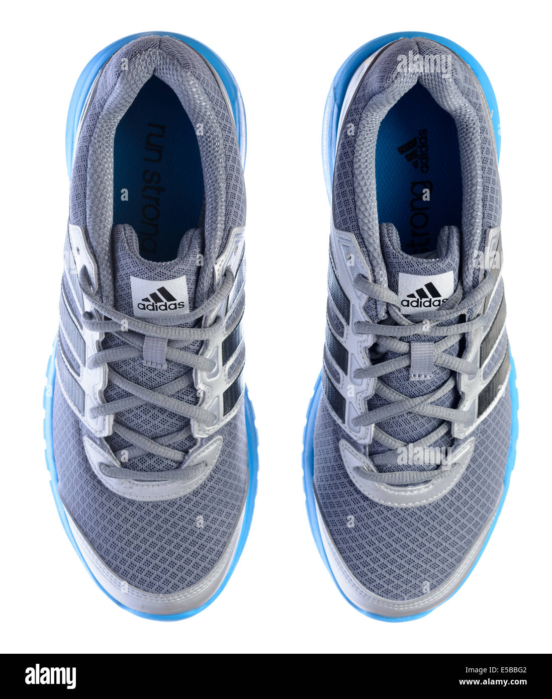 Overhead view of a pair of silver and blue Adidas running shoes Stock Photo  - Alamy