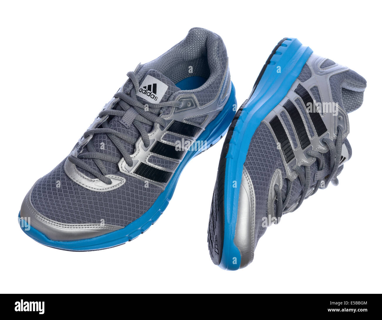 Silver and blue Adidas running shoes Stock Photo