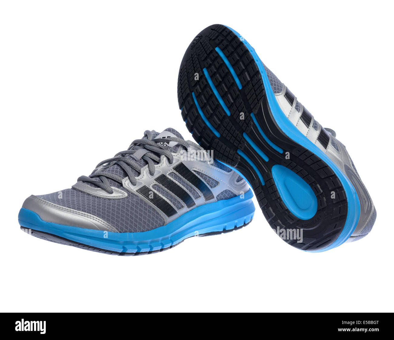 Silver and blue Adidas running shoes Stock Photo