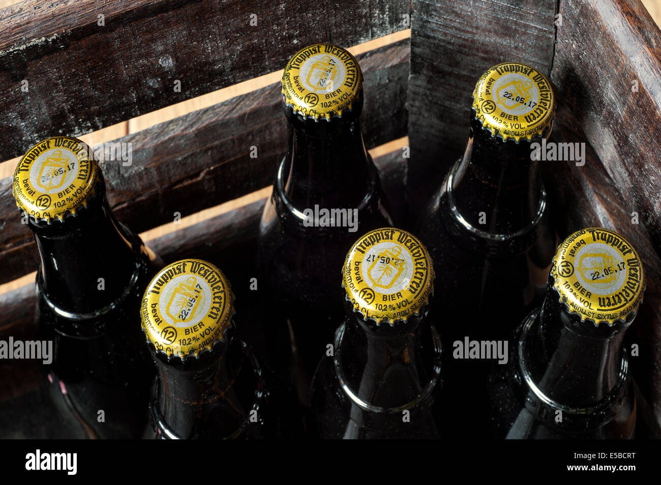 Wooden crate with Trappist Westvleteren 12° / 10.2% bottles, best beer in the world, brewed in the Saint Sixtus Abbey, Belgium Stock Photo