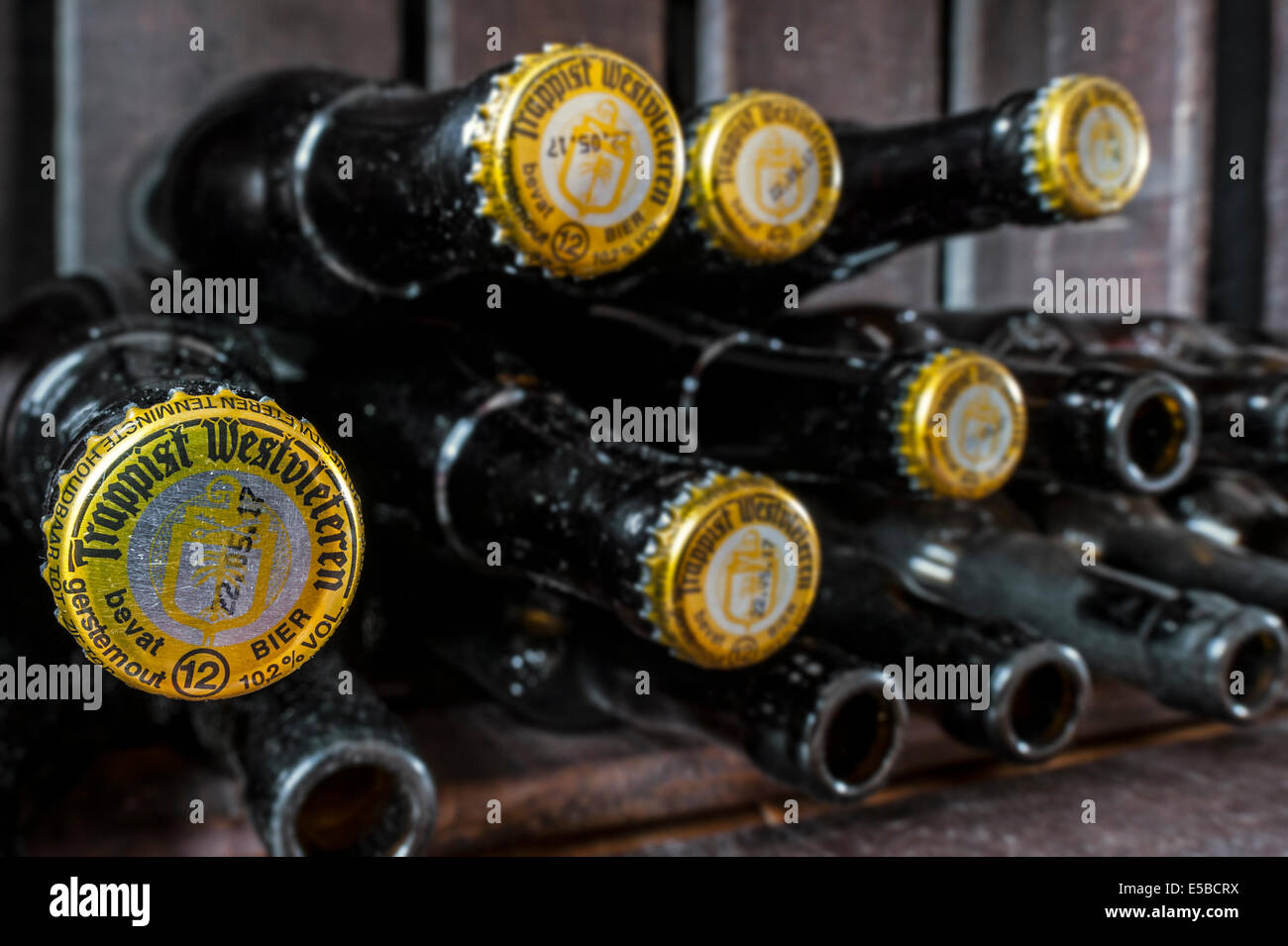 Wooden crate with Trappist Westvleteren 12° / 10.2% bottles, best beer in the world, brewed in the Saint Sixtus Abbey, Belgium Stock Photo