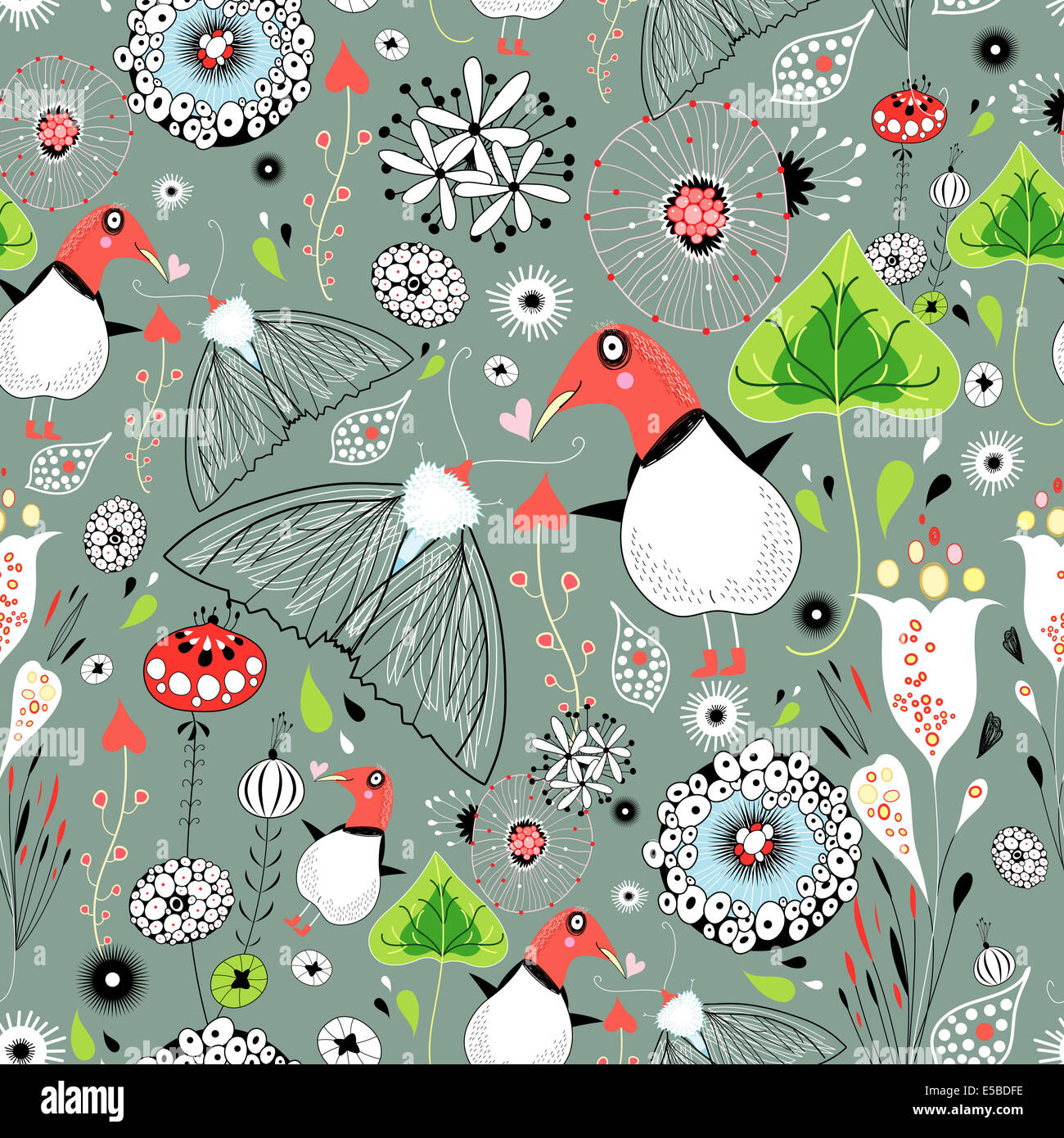 seamless graphic floral pattern with birds in love on a blue background ...